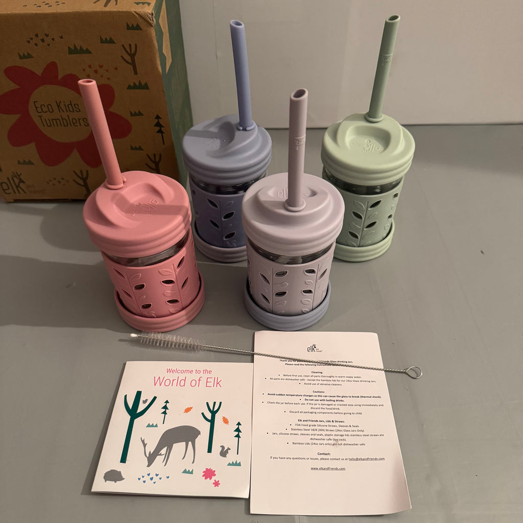Vasos infantiles Elk and Friends 8 oz con tapas y pajitas (pack 4)