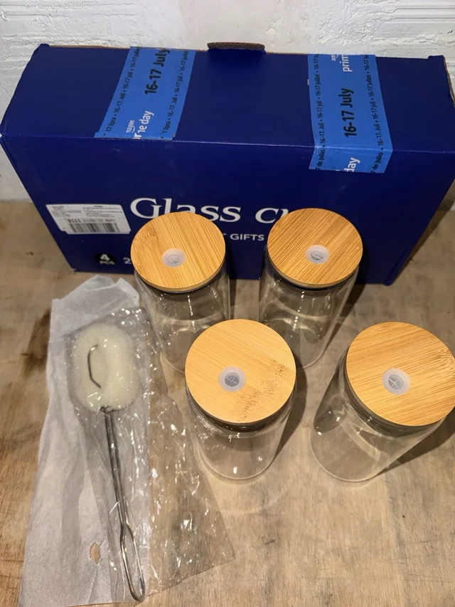 Vasos vidrio 20oz con tapa y pajita set 4 uds