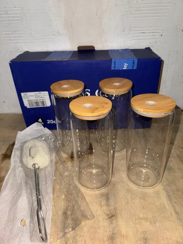 Vasos vidrio 20oz con tapa y pajita set 4 uds