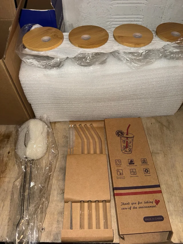 Vasos vidrio 20oz con tapa y pajita set 4 uds